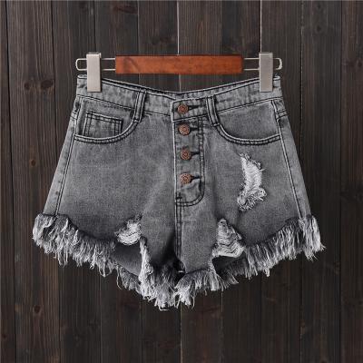 China Large AA Wide Brim Hot Pants Rough Beggar Leg Pants South Korea Smoke Washable Women Gray Hole Breasted Denim Shorts for sale