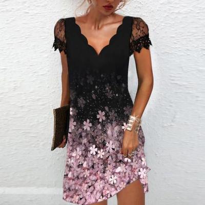 China New 2023 Women's Borders Washable Independent Station Setting Printing Wave V-Neck Lace Short Sleeve Dress for sale