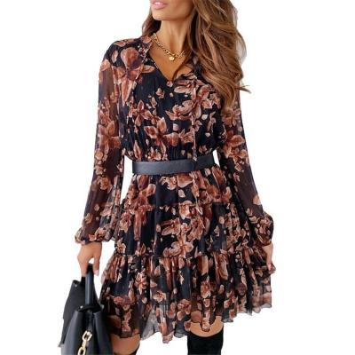 China Foreign Trade Washable Long Sleeve Belt Ruffle Skirt Dress Women 2021 New European and American V-neck Autumn Temperament Printed for sale