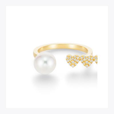 China 2022 Fashion Trendy Jewelry Gold Heart Shape Diamond Opening Adjustable Freshwater Pearl Rings for sale