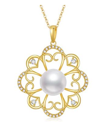 China CLASSIC White Round Pearl Pendant 9mm Freshwater Cultured Flower Shape Gold Pearl Necklace Fine Jewelry for sale