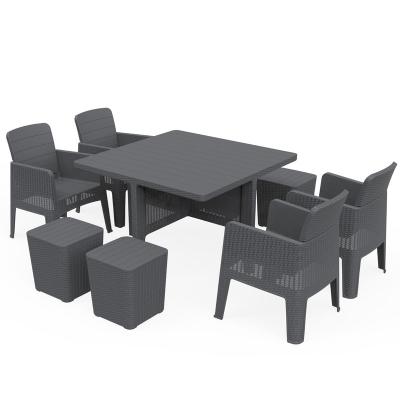 China Weather Resistant Modern Garden Dining Table Set Plastic PP Rattan Furniture For Outdoor for sale