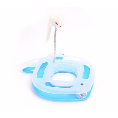 China Viable Fish Form Cat Chase Plate Toy With Crazy Spring Mouse Feather Ball for sale