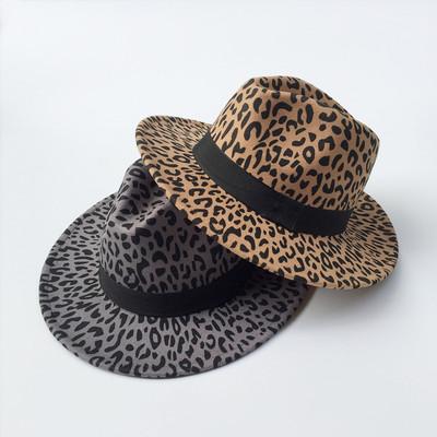 China Plush Wool Leopard Fedora Hats Men Cowboy Wide Brim Leopard Flat Hats Woman for sale