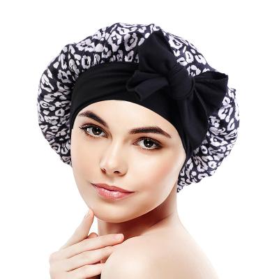 China Fashion Casual Women Bow Satin Around Sleep Hat Black Adjustable Elastic Band for sale