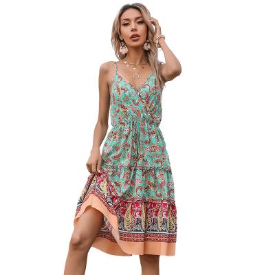 China Anti-static Floral Bohemian Collar Sleeveless Dress Heart Skirt Style Female Cute Pattern DR-162 for sale