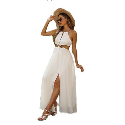 China New anti-static temperament beach holiday split long halterneck dress 2022 DR-166 dress fashion backless chiffon swing pattern for sale