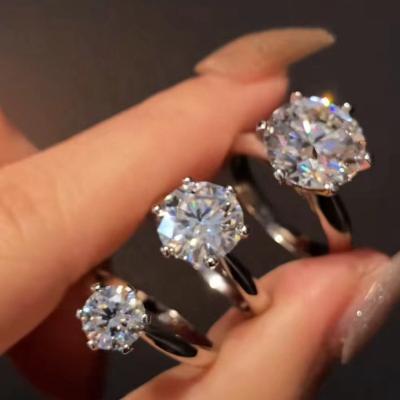 China TRENDY Moissanite Ring White D Color 1ct 3ct 5ct Solid Gold 10k/14k/18k Classic 6 Prongs Round Moissanite Solitaire Ring for sale