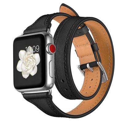 China Multiple Alternating Holes And Extra Long Stainless Steel Double Buckle Tour Genuine Leather Strap Band For iWatch Leather Strap Belts for sale