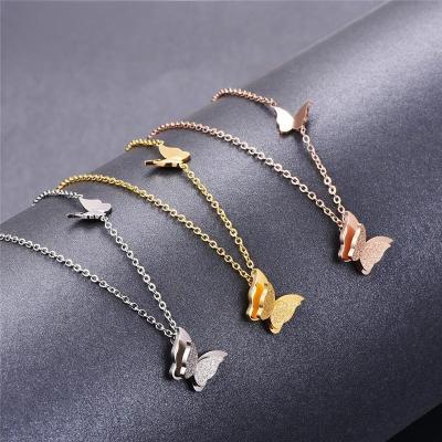 China Women Jewelry Rose Gold Plated Necklace And Romantic Bangle Set Stainless Steel Butterfly Necklace Sets for sale