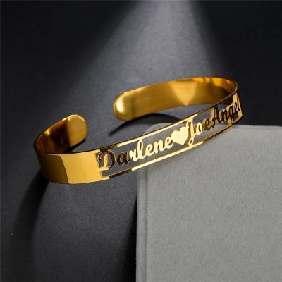 China Durable Women Wide Stainless Steel Bangle Bracelet Gold Plated Custom Personalize Name Cuff Bracelet for sale