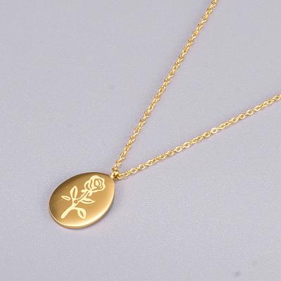 China Trendy Fashion Jewelry 2021 18k Gold Plated Stainless Steel Engraved Flower Coin Necklace For Women for sale