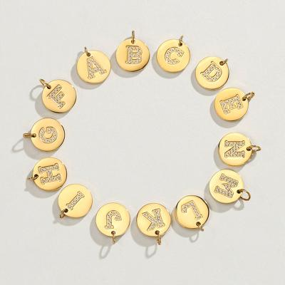 China FASHIONABLE 26 A-Z Disc Real Gold Plated Stainless Steel CZ Inlay Initial Letter Alphabet Pendant Charms for Necklace Making for sale