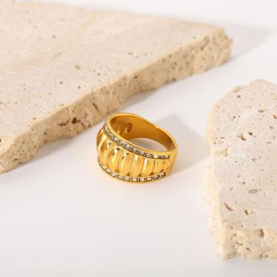 China FASHIONABLE Bread Style Anillo De Acero Inoxidable Stainless Steel Ring Vong 18K Gold Plated Form Double Layered Zircon Ring for sale