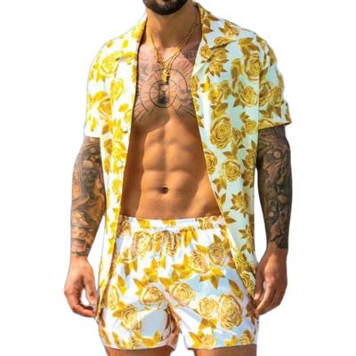 China Other New Men's Hawaiian Beach Vacation Printed Boho Shorts Shirt Blouse Shorts Printed Two Piece Suit for sale