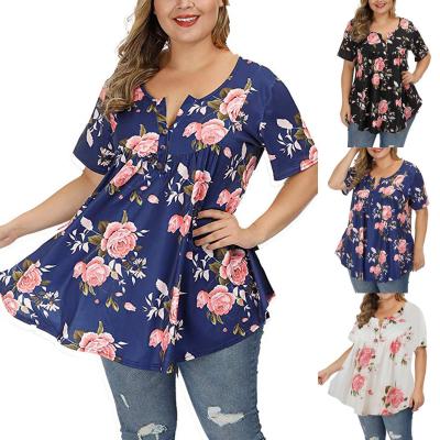 China CB04 Summer Sale Women New Regular Hot Casual Loose Button V-Neck Short Sleeve Plus Size Print T-shirt Tops for sale