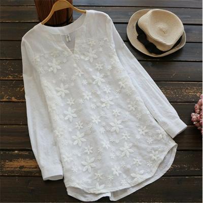 China CB02 Regular Lace Up Embroidered Shirt Plus Size Tops Loose Long Sleeve T-shirts For Women Mesh Blouses White Trendy for sale