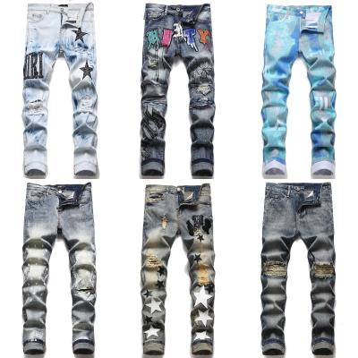 China Custom Designer Printed Jeans Stacked Hombre Black Hip Hop Pants High Quality QUICK DRY Mens Fashion Jeans Denim Pants Mens Skinny Jeans for sale