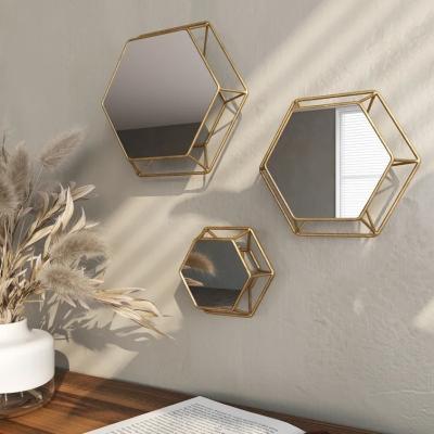 China Art Deco Home Source Design Creative Metal Hanging Decorative Hexagonal Wall Mirror Set for sale