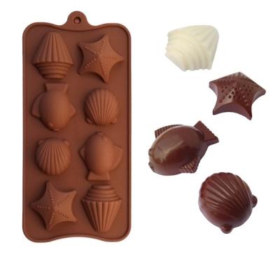 China Large 8 Cavity Viable Bulk Brown Green No Stick Birthday 3d Shape Starfish Sea Shells Fish Silicone Chocolate Mold Custom for sale