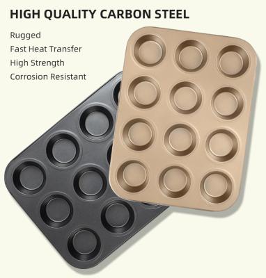 China Nordic 12 Hole Gold Sustainable Black High Strength Heat Resistant Non-Stick Carbon Steel Kitchen Bakeware for sale