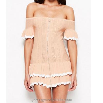 China Viable Off The Shoulder Rose Ruffle Sheath Ra-Ra Hem Dress For Women Causal Wear for sale