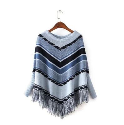 China Other fashion striped knitwear sweater ladies wool poncho with tassel women clothes for wholesale for sale