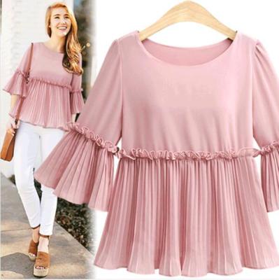 China Other newest flare sleeve chiffon women blouse with falre edge,pink tops from china supplier for sale