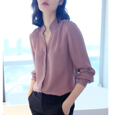 China Anti Shrink Silk Blouse Long Sleeves V-Neck Shirt For Women Office Lady for sale