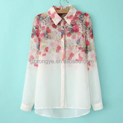 China Elegant Floral Printing Anti-pilling Long Sleeve Shirt Collar Ladies Chiffon Shirts for sale