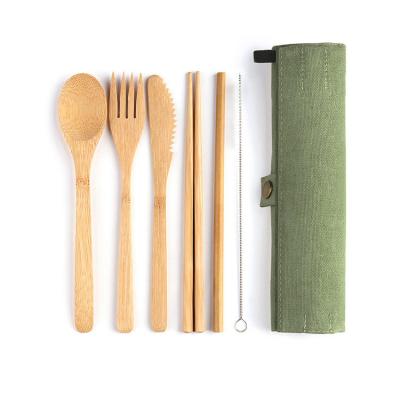 China Sustainable Sustainable Wholesale Bamboo Travel Set Tableware Flatware Toothbrush Spoon Set In Foldable Pouch for sale