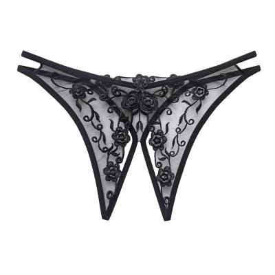 China Retro Cavity Embroidery Panties Women's Crotch Waist T Thin Pants Open Transparent Thong Sexy Antibacterial Low for sale