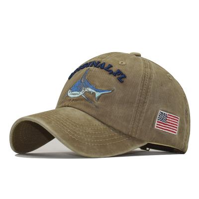 China COMMON Wholesale Cheap Spring and Summer Cartoon Popular Washed Embroidered Shark and Washed USA Flag Baseball Hat Vintage Dad Hat for sale