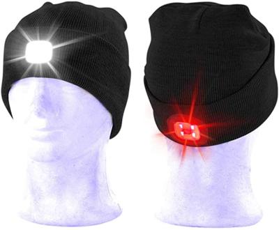 China COMMON New Design Knitted Light Beanie Hat Headlamps Outdoor LED Front and Back Light Two Lights Winter Beanie Hat for sale