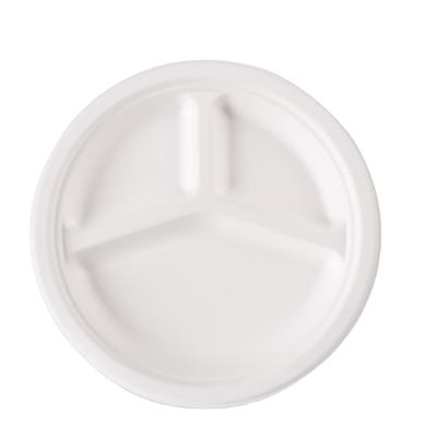 China 9 Inch Round Dish Compostable Sugar Cane Bagasse Minimalist Biodegradable Dishes Biodegradable Sugar Cane 3 Compartment Pulp Biodegradable for sale