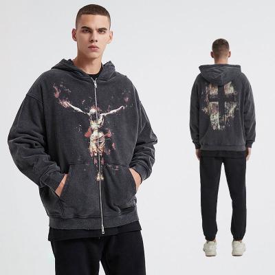 China Wholesale 420 GSM Anti-Shrink 100% Cotton Full Zip Up Heavy Acid Wash Vintage Hoodies Custom Logo Oversized Pullover Hoodie For Men for sale