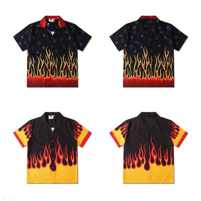 China Factory Supply Man Flame Print Anti-Pilling Short Sleeve Button Up Vacation Beach Shirts Summer Flame Hawaiian Casual Shirts For Men for sale