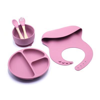 China BPA Free Baby Dinner Spoon Silicone Dish Bib Set BPA Free Silicone Food Grade Bowl Suction Feeding Tableware for Kids for sale