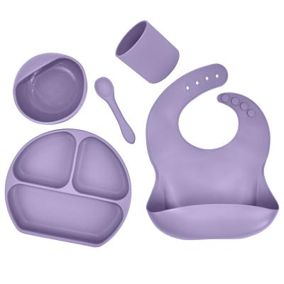 China BPA Free Silicone Baby Cups Plates Silicone Bib Tableware Set BPA Free Kids Suction Bowl And Spoons Feeding Set for sale