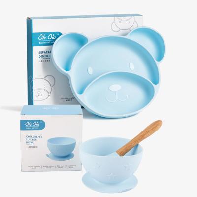 China BPA Free Non Slip Kids Silicone Suction Bowl Food Dish And Spoons Set Baby Feeding Biodegradable Tableware Set for sale