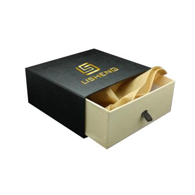 China Customized Texture Matte Black Gold Foil Drawer Cardboard Paper Material Recycled Empty Gift Jewelry Packaging Box With Silk for sale