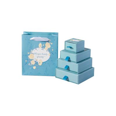 China Recycled Material Custom Printed Baby Blue Various Size Medium Large Drawer Small Sliding Earrings Bracelet Necklace Jewelry Gift Packaging Box for sale