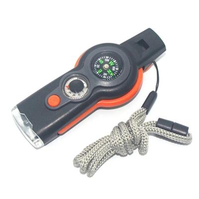 China Multifunctional Outdoor Camping Supply 7 in1 Whistle Key Chain With Compass Magnifier for sale