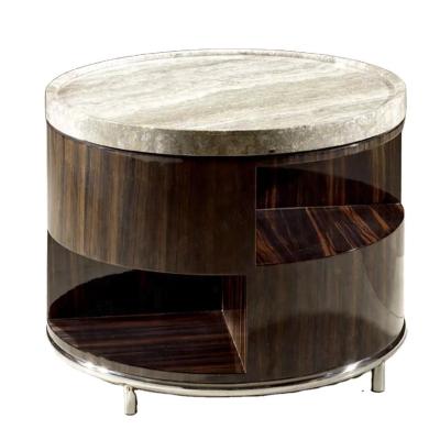 China Natural Design Luxury Natural Travertine Round Corner Marble Top Table End Table Wood Side Coffee Table for sale