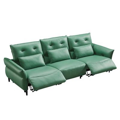 China Foldable living room Italian modern design imported recliner 3 seater high quality green genuine leather functional reclining sofa for sale