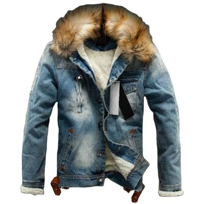 China Winter Autumn Pocket Button Warm Faux Fur Coat Men's Sustainable Denim Jacket With Fur Collar for sale