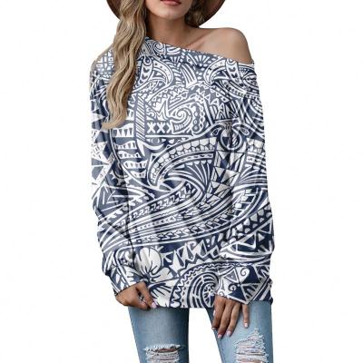 China Polynesian Tribal Turtle Flower T-shirt Anti-pilling Long Sleeve Special Pattern Shirts Off Shoulder Top Women Loose Pullover Long for sale