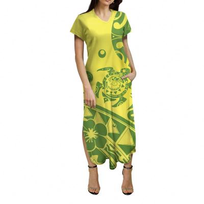 China Anti-Wrinkle Turtle Print Hawaiian Polynesian Samoan Tribal Purple 2021 Vintage Dresses Women Elegant Dress Long Short Sleeve Split Maxi for sale