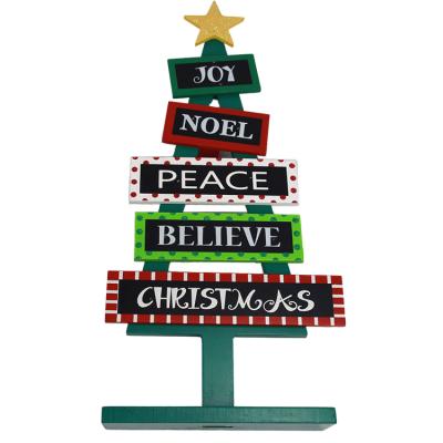 China New Arrival Environmental Friendly Christmas Table Decoration Wooden Tree Shaped Wooden Joy Sign for sale