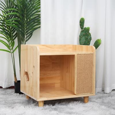 China Sustainable Square Cat House Wooden TV-Shape Cat Bed With Scratcher Pet Furniture for sale